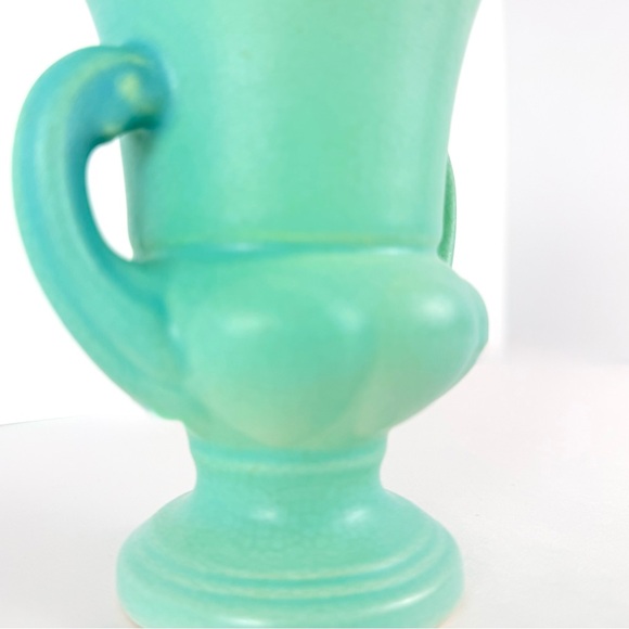 Antique Pottery Art Trophy Vase Small Aqua/Turquoise Handled 5.5x4x5 Inches - Picture 4 of 15